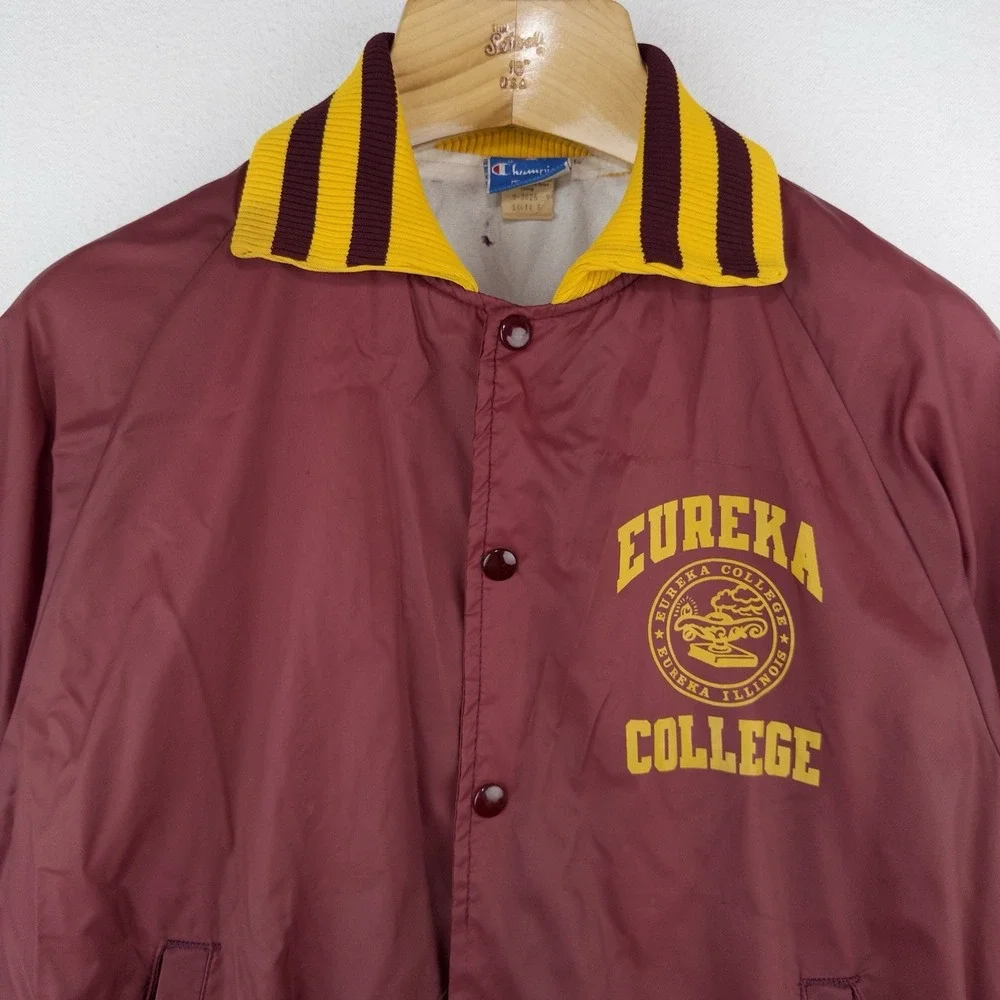 70's Vtg Champion Eureka College Nylon Varsity Jacket Medium Snap Front Made USA